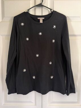 Banana Republic Black Long Sleeve Tee with Crystal Daisy Accents